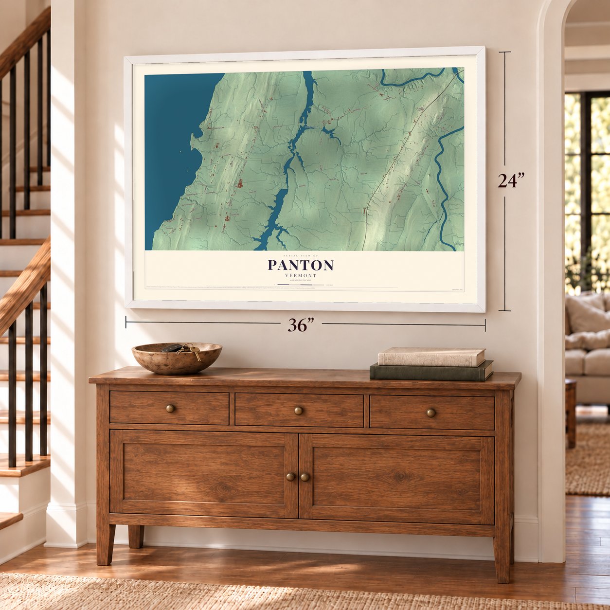 Panton, Vermont map, 24 x 36 inch print in a white frame above a dresser by a staircase