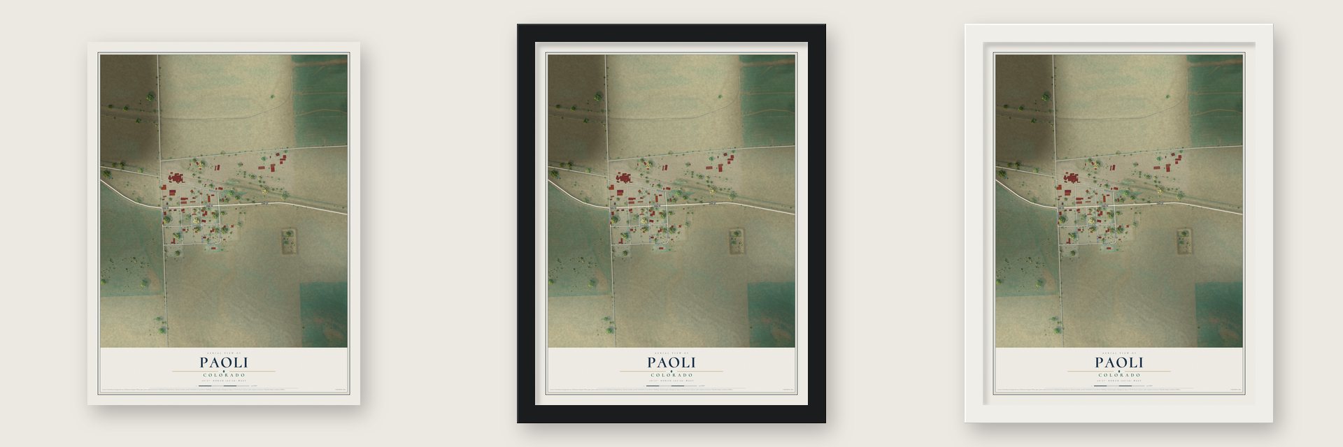 Paoli, Colorado map unframed, in a black wood frame and in a white wood frame