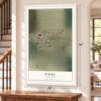 Paoli, Colorado map, 24 x 36 inch print in a white frame by a staircase