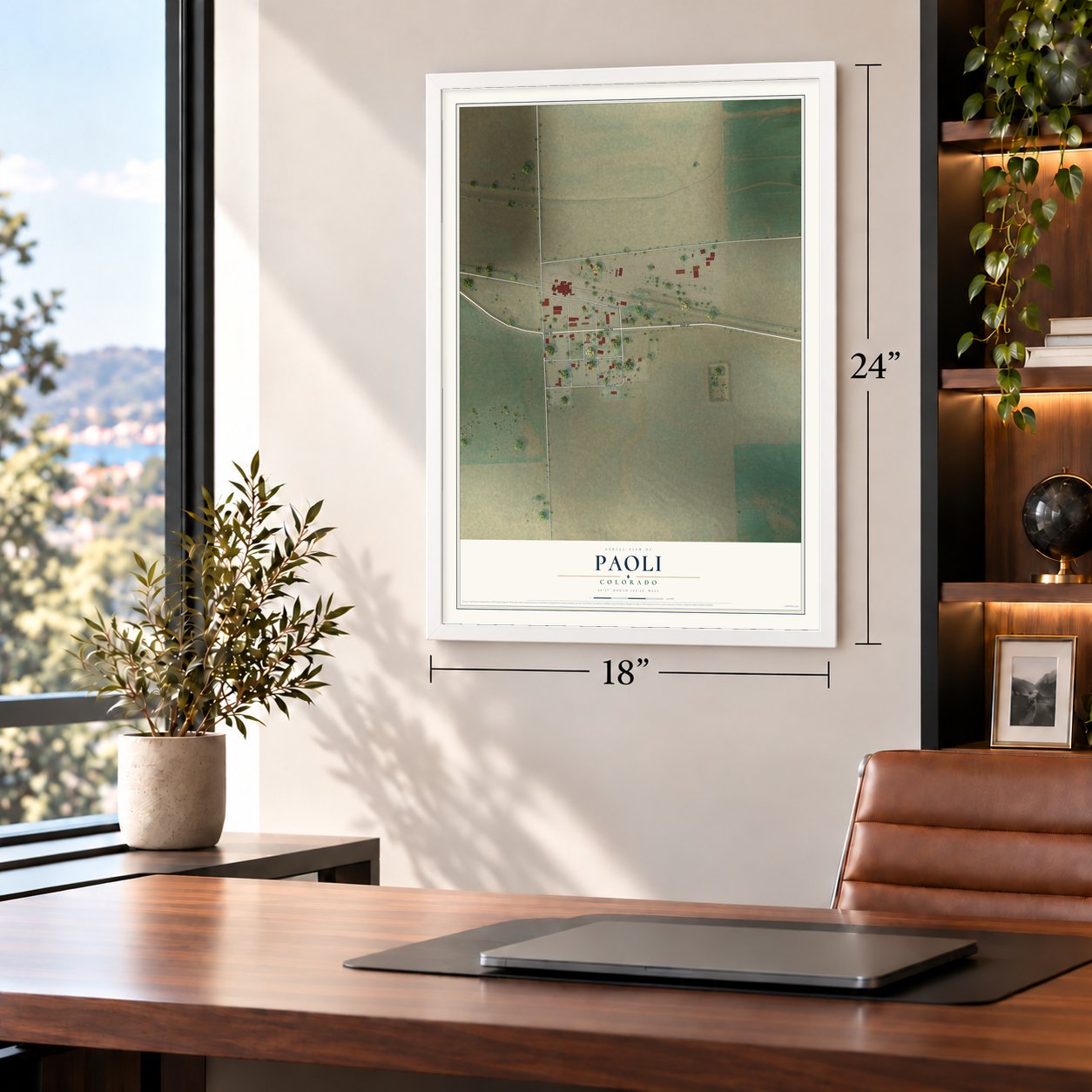 Paoli, Colorado map, 18 x 24 inch print in a white frame in a home office