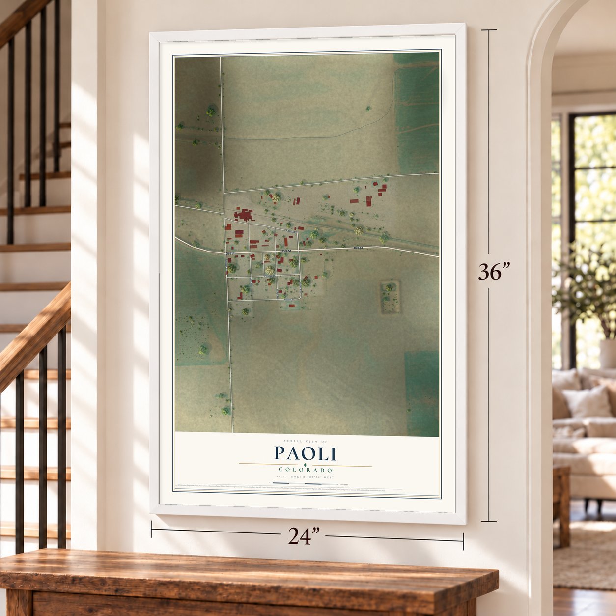 Paoli, Colorado map, 24 x 36 inch print in a white frame by a staircase