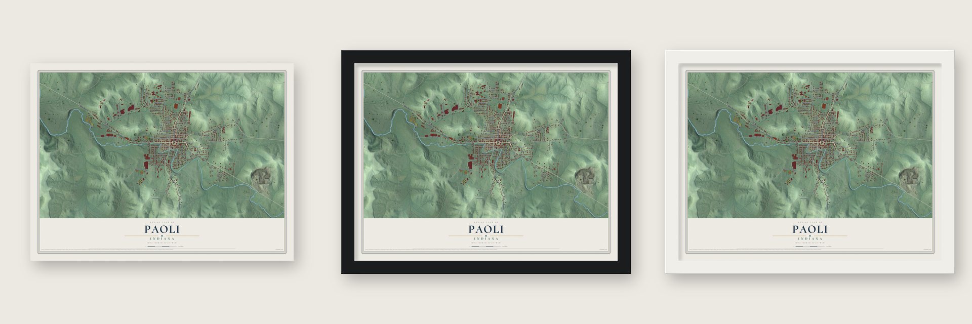 Paoli, Indiana map unframed, in a black wood frame and in a white wood frame