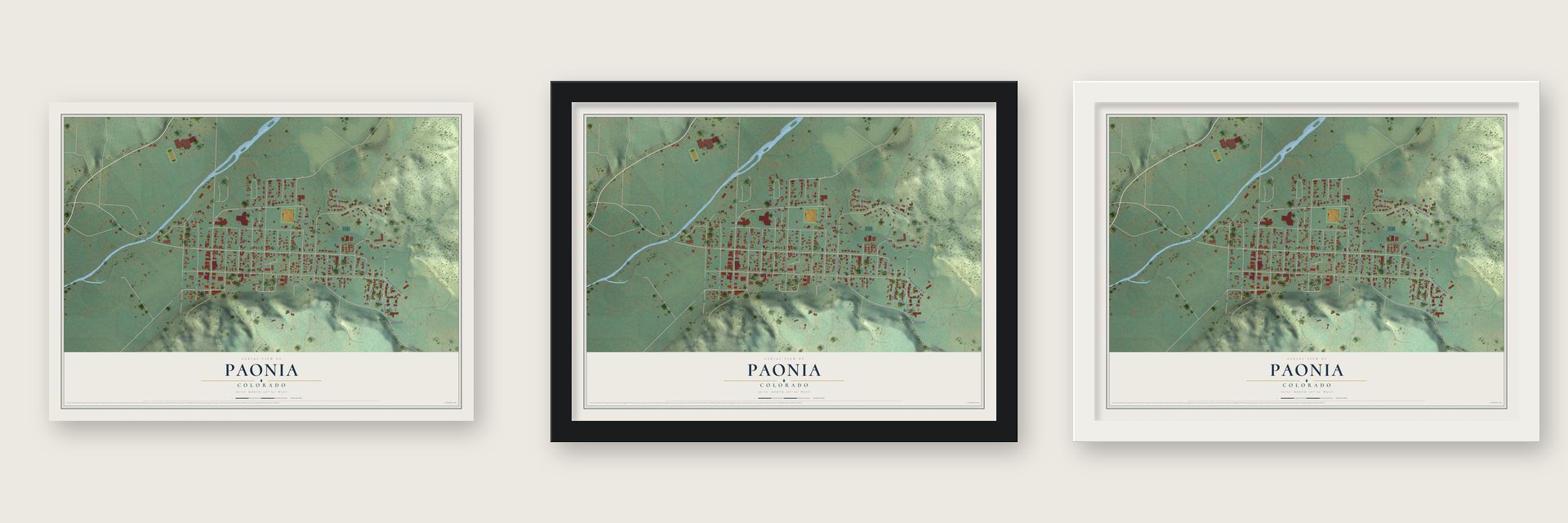 Paonia, Colorado map unframed, in a black wood frame and in a white wood frame