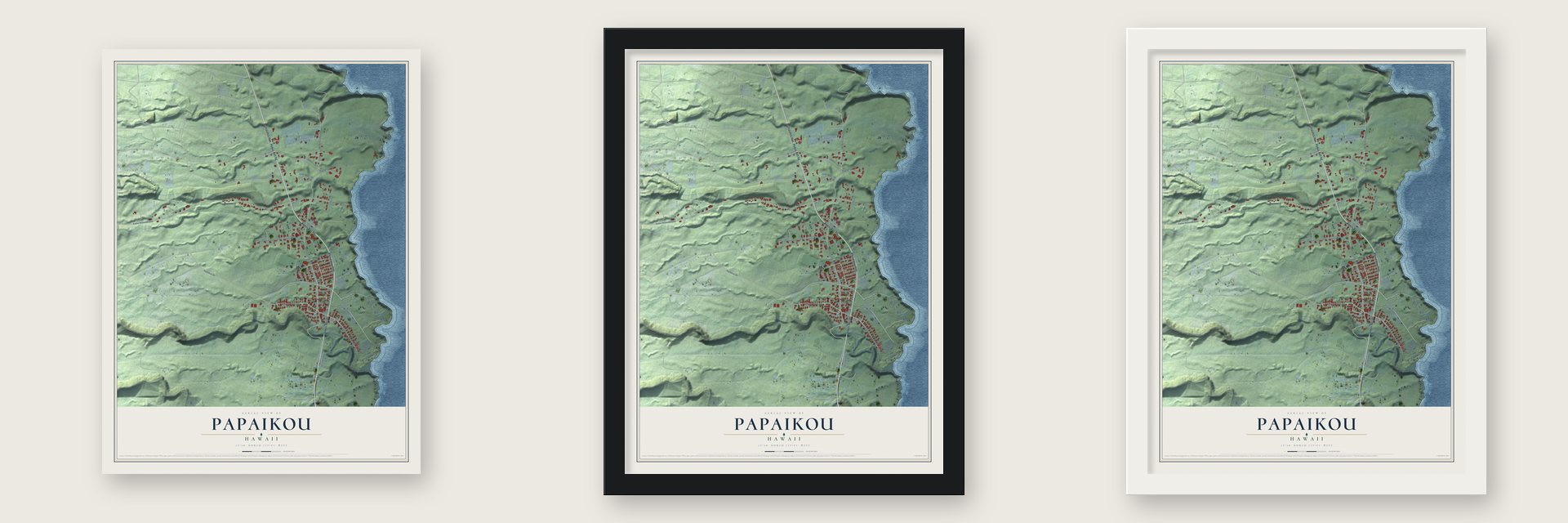 Papaikou, Hawaii map unframed, in a black wood frame and in a white wood frame