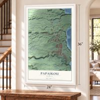 Papaikou, Hawaii map, 24 x 36 inch print in a white frame by a staircase
