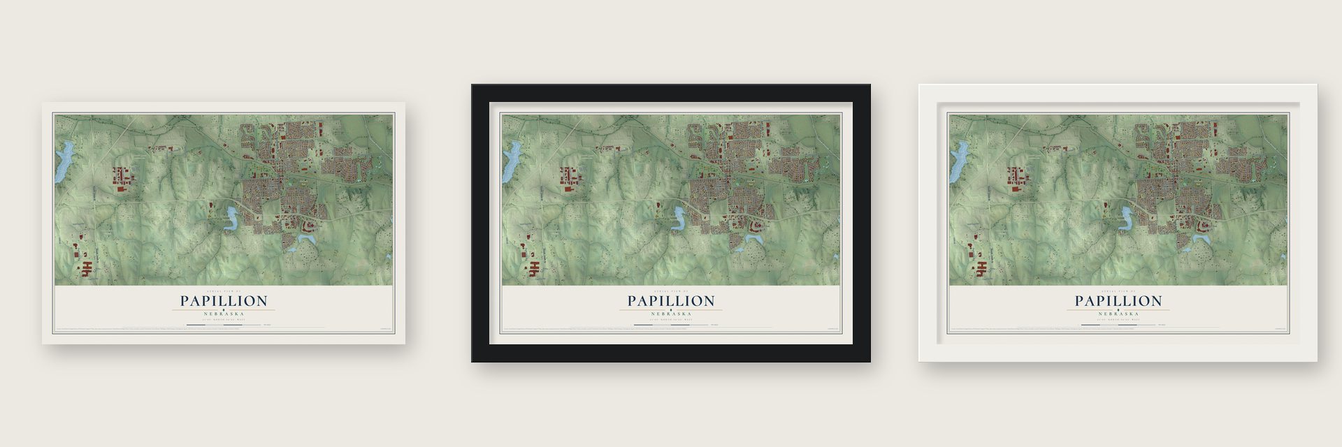 Papillion, Nebraska map unframed, in a black wood frame and in a white wood frame