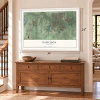 Papillion, Nebraska map, 24 x 36 inch print in a white frame above a dresser by a staircase