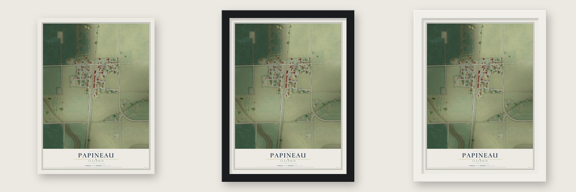 Papineau, Illinois map unframed, in a black wood frame and in a white wood frame