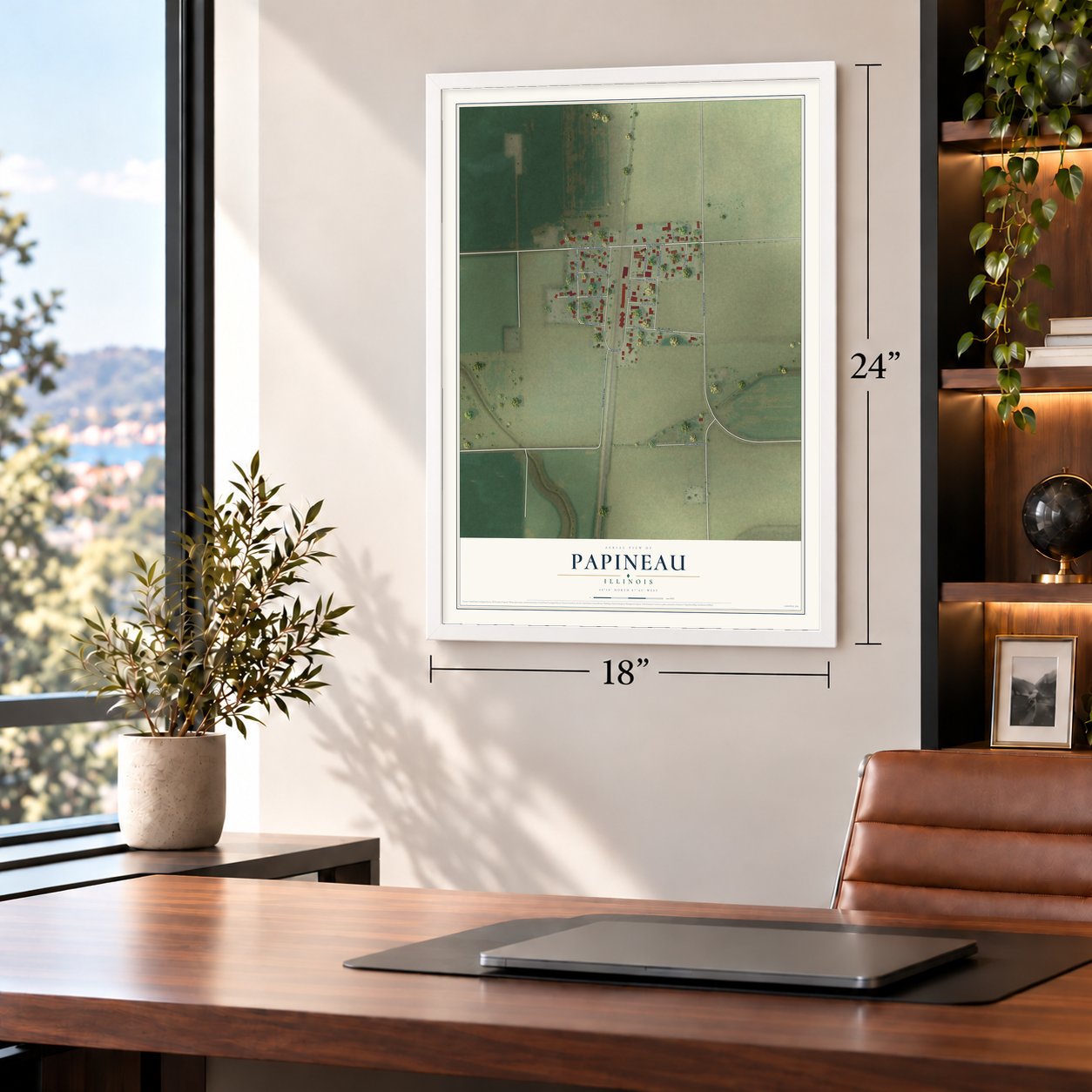 Papineau, Illinois map, 18 x 24 inch print in a white frame in a home office