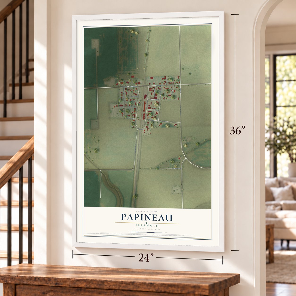 Papineau, Illinois map, 24 x 36 inch print in a white frame by a staircase