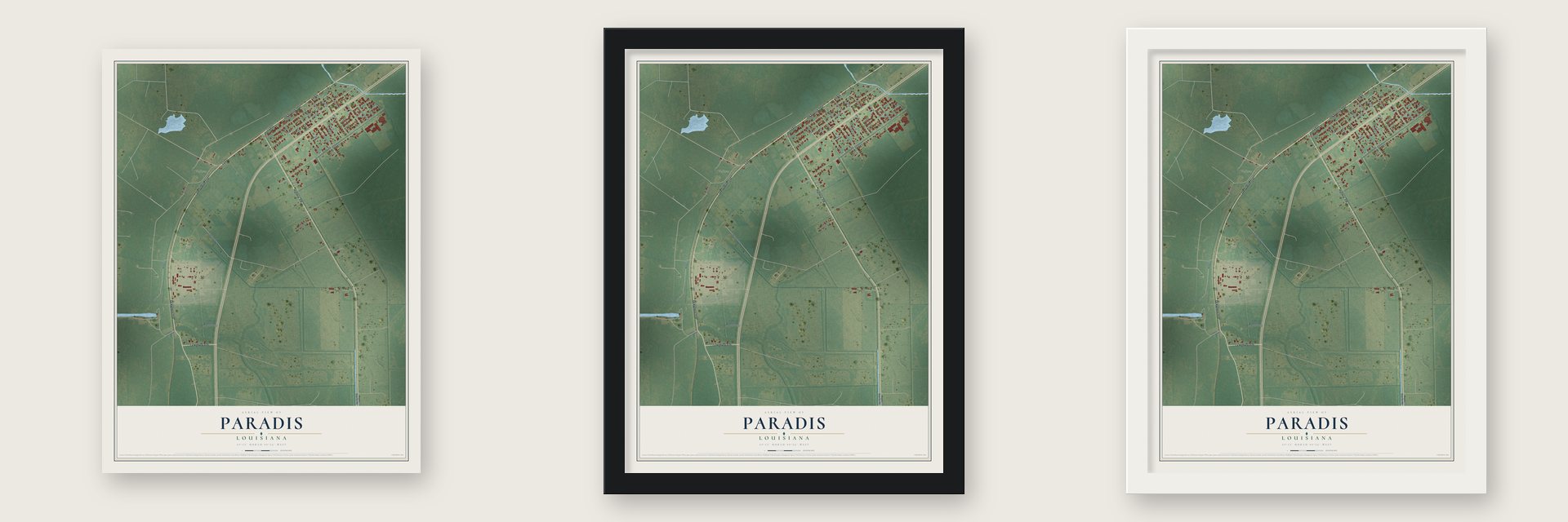 Paradis, Louisiana map unframed, in a black wood frame and in a white wood frame