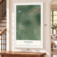 Paradis, Louisiana map, 24 x 36 inch print in a white frame by a staircase