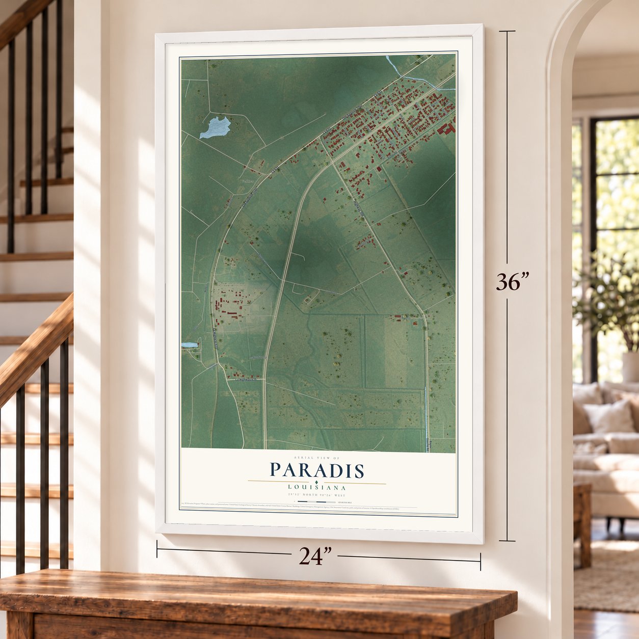 Paradis, Louisiana map, 24 x 36 inch print in a white frame by a staircase
