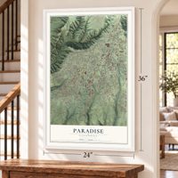 Paradise, California map, 24 x 36 inch print in a white frame by a staircase