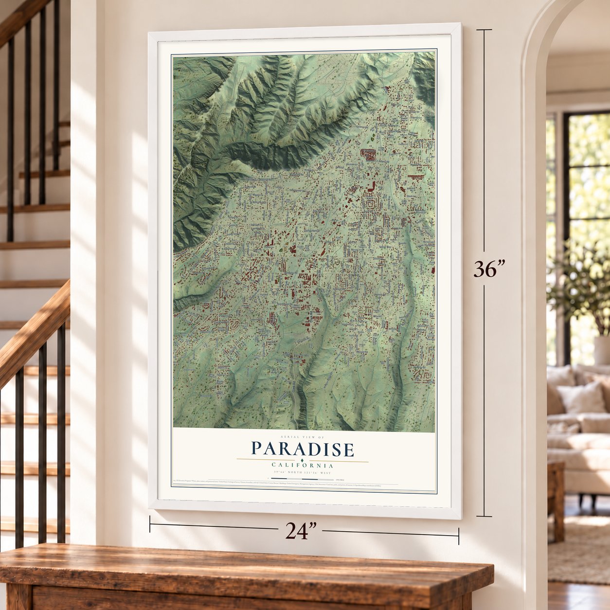 Paradise, California map, 24 x 36 inch print in a white frame by a staircase