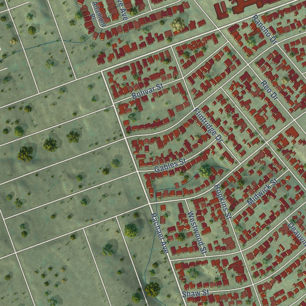 Second close-up of the map of Paradise Hills, California print showing more streets and buildings