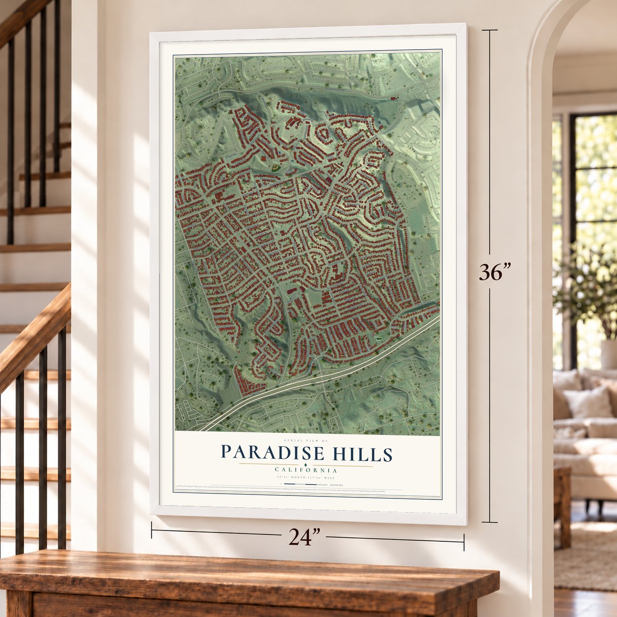 Paradise Hills, California map, 24 x 36 inch print in a white frame by a staircase