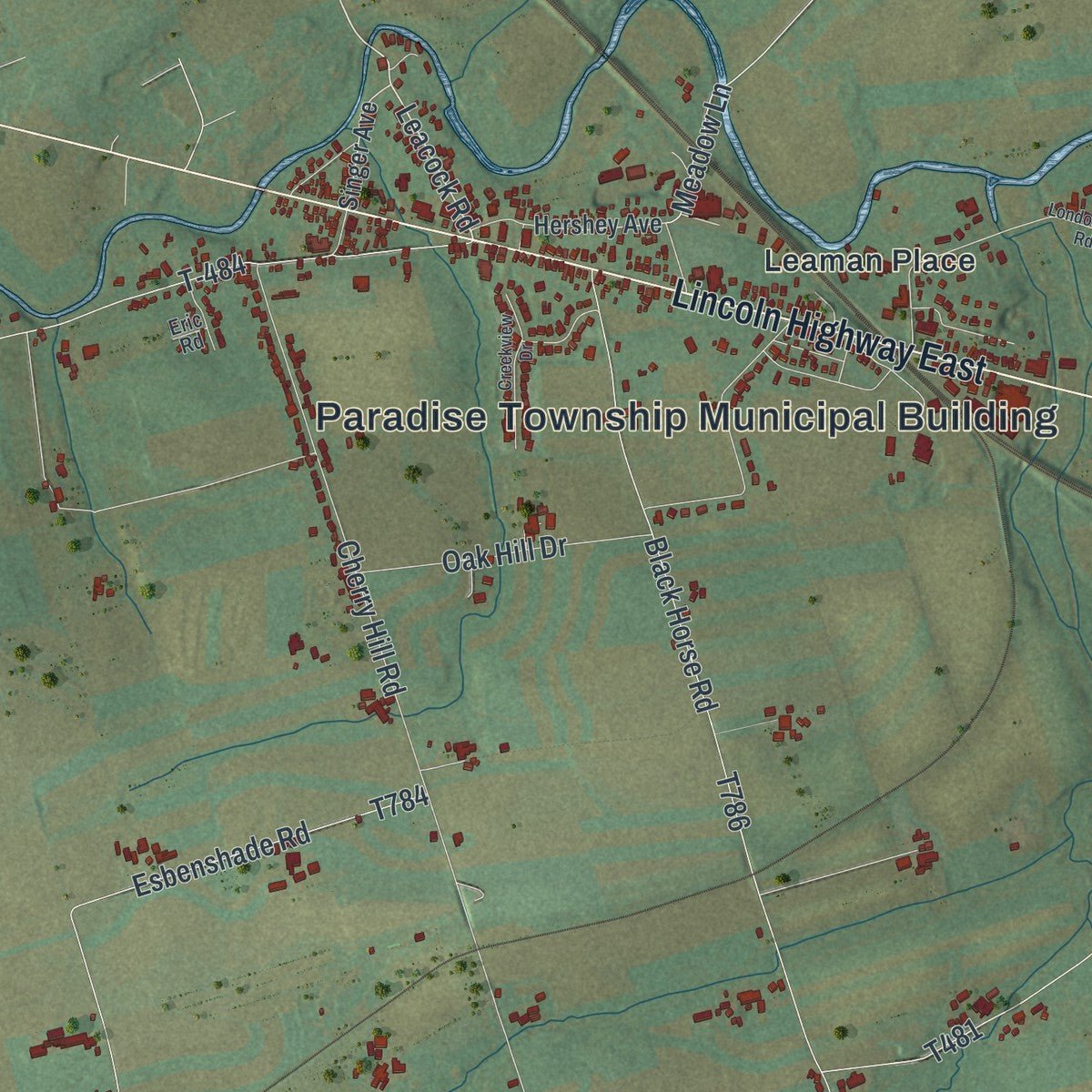 Second close-up of the map of Paradise, Lancaster County, Pennsylvania print showing more streets and buildings