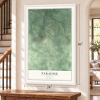 Paradise, Michigan map, 24 x 36 inch print in a white frame by a staircase