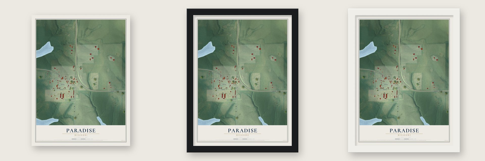 Paradise, Missouri map unframed, in a black wood frame and in a white wood frame