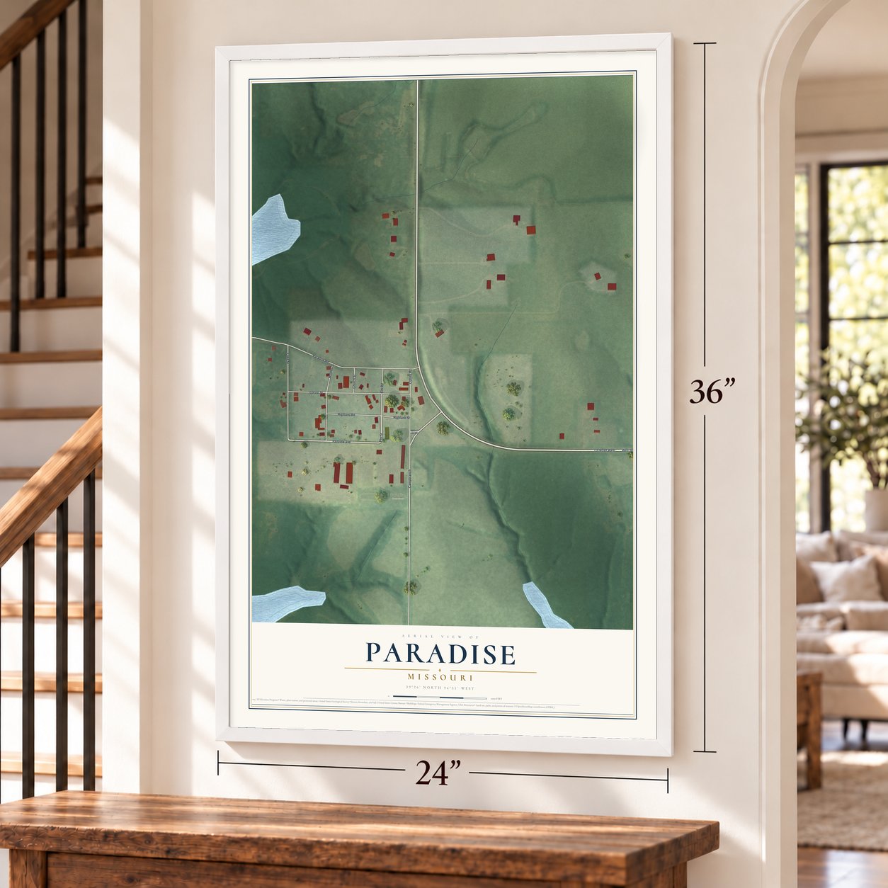 Paradise, Missouri map, 24 x 36 inch print in a white frame by a staircase