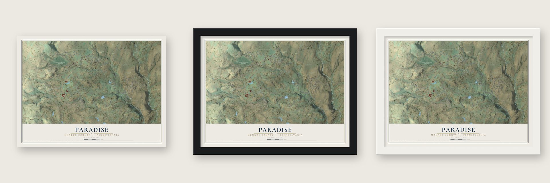 Paradise, Monroe County, Pennsylvania map unframed, in a black wood frame and in a white wood frame