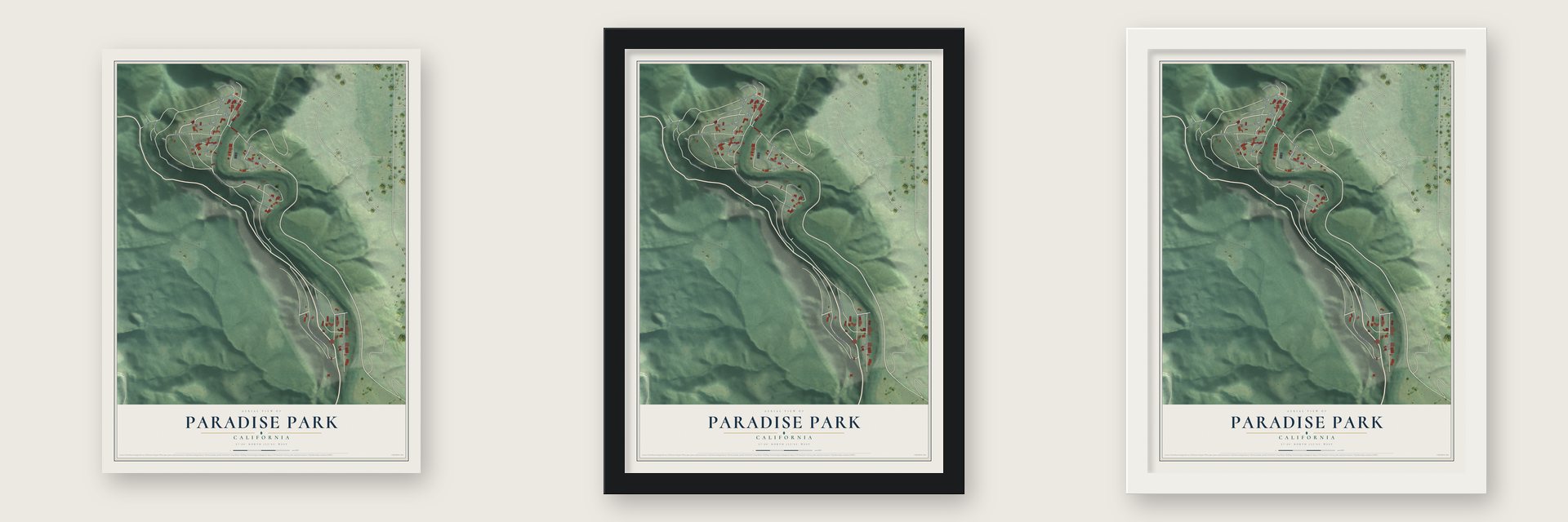Paradise Park, California map unframed, in a black wood frame and in a white wood frame