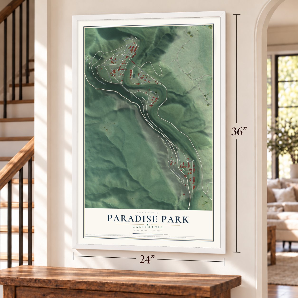 Paradise Park, California map, 24 x 36 inch print in a white frame by a staircase