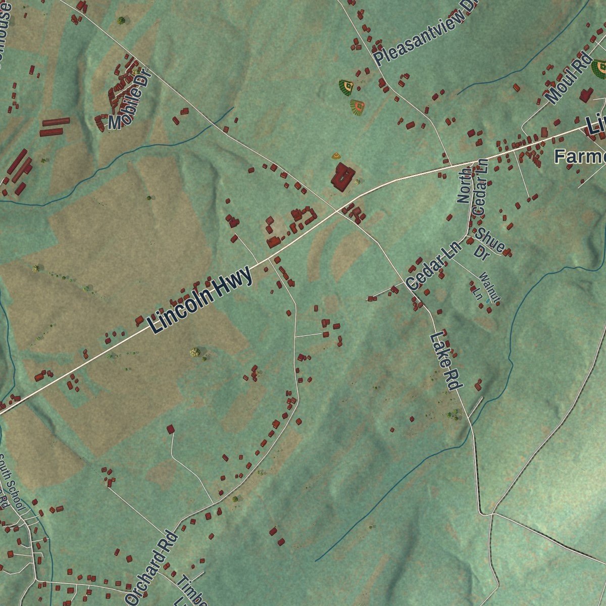 Second close-up of the map of Paradise, York County, Pennsylvania print showing more streets and buildings