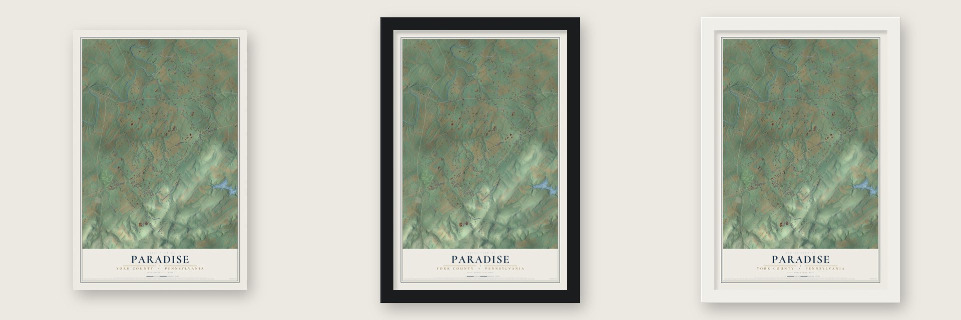 Paradise, York County, Pennsylvania map unframed, in a black wood frame and in a white wood frame