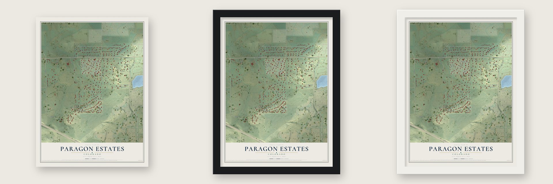 Paragon Estates, Colorado map unframed, in a black wood frame and in a white wood frame