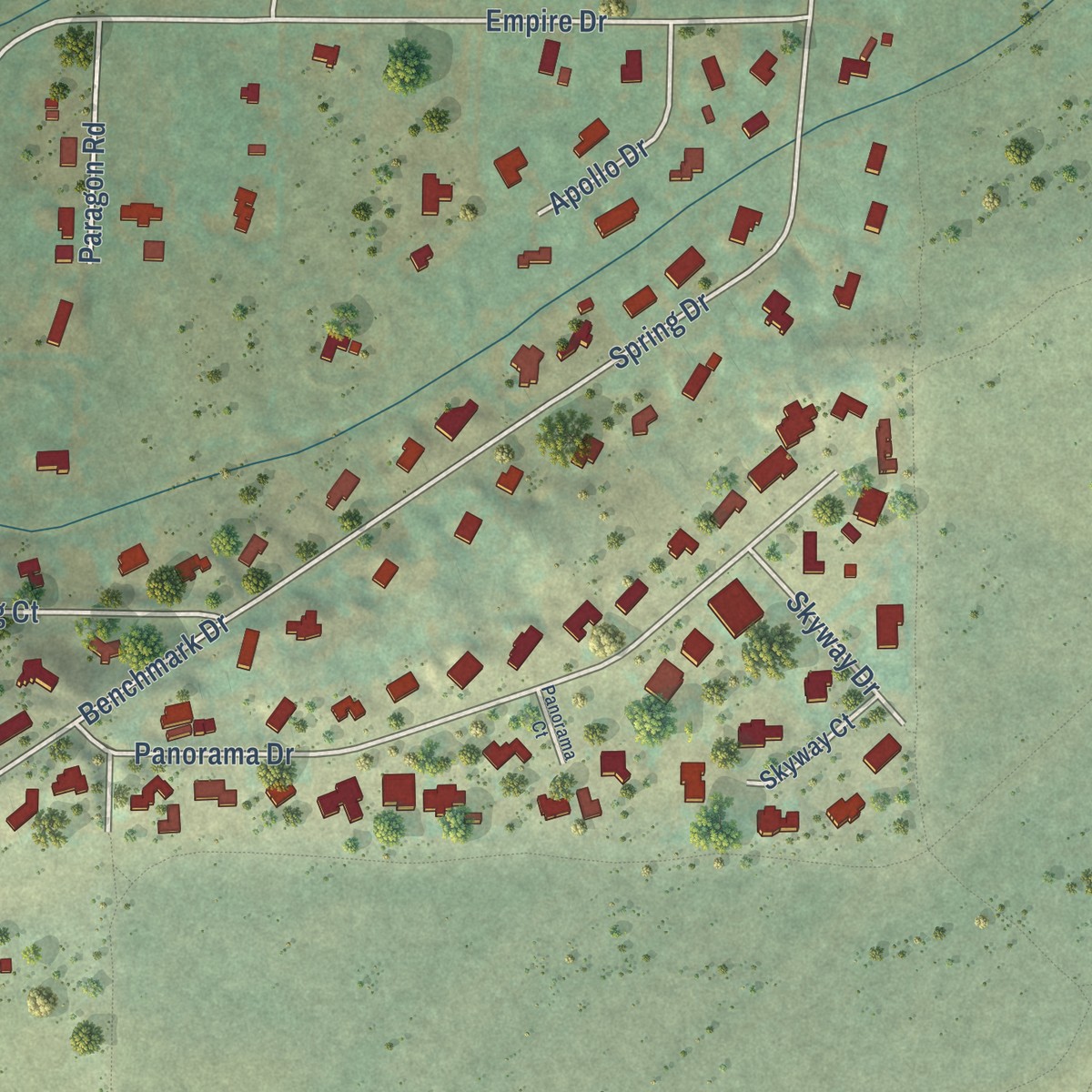 Second close-up of the map of Paragon Estates, Colorado print showing more streets and buildings