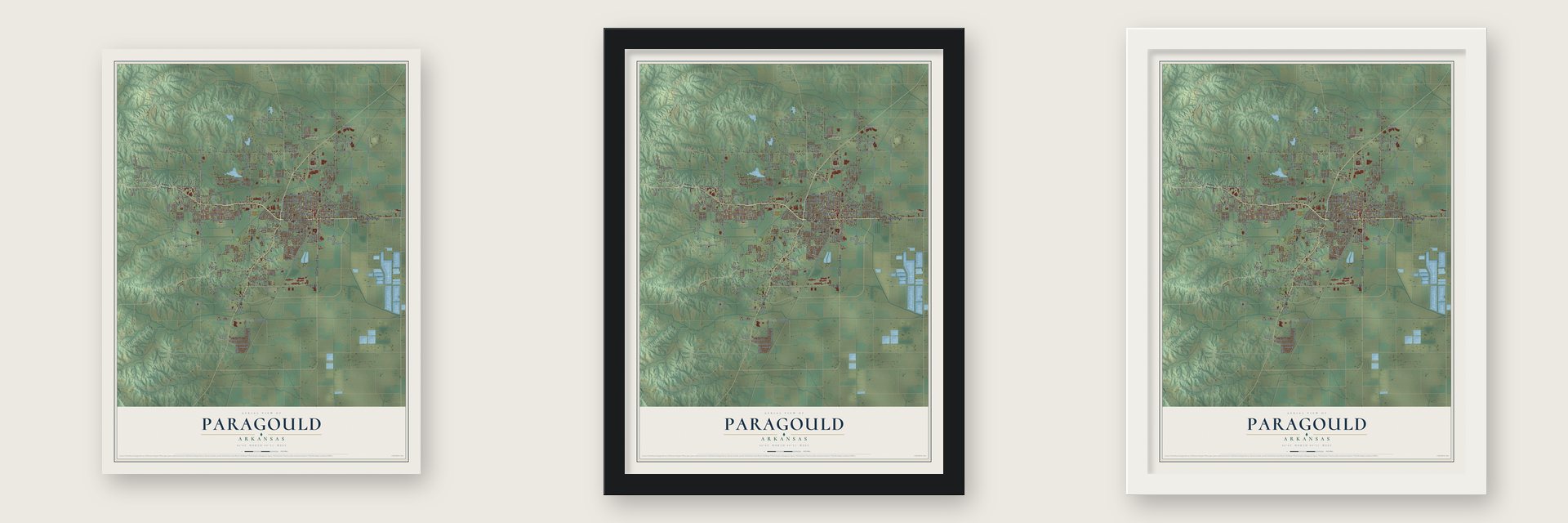 Paragould, Arkansas map unframed, in a black wood frame and in a white wood frame