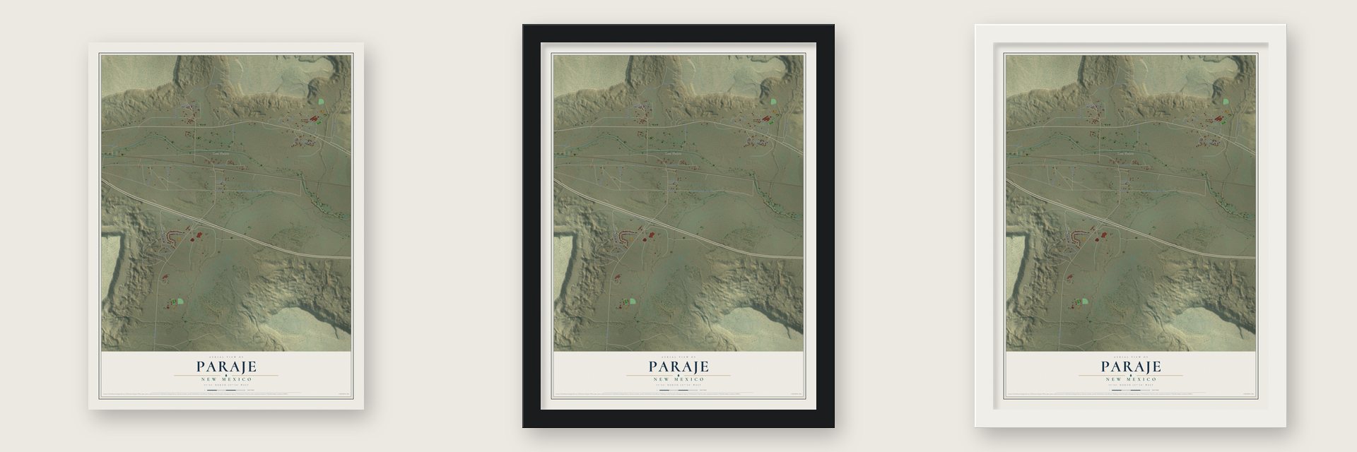 Paraje, New Mexico map unframed, in a black wood frame and in a white wood frame