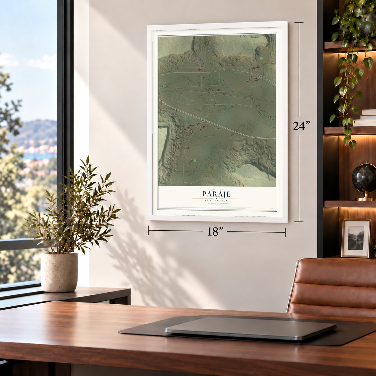 Paraje, New Mexico map, 18 x 24 inch print in a white frame in a home office