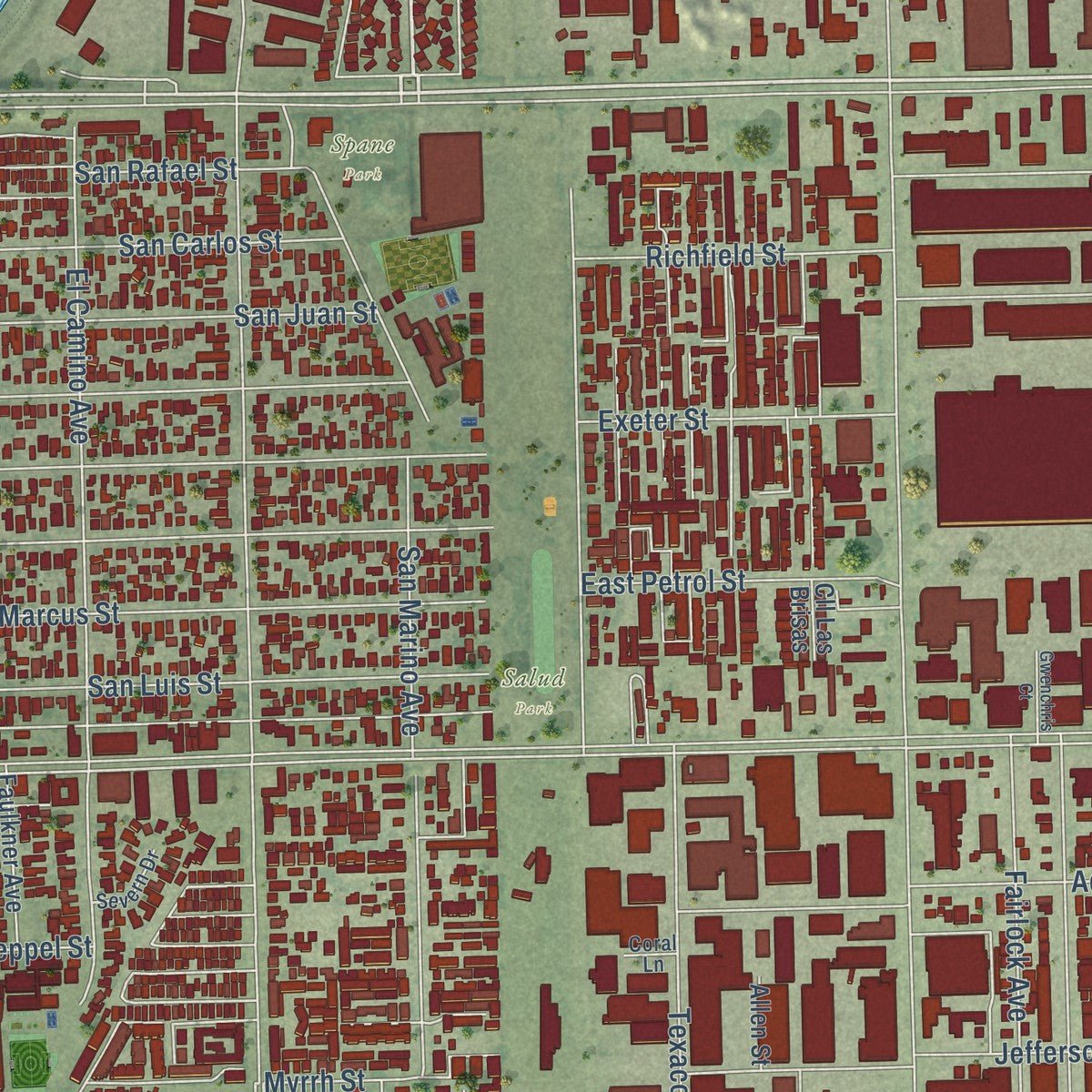 Second close-up of the map of Paramount, California print showing more streets and buildings