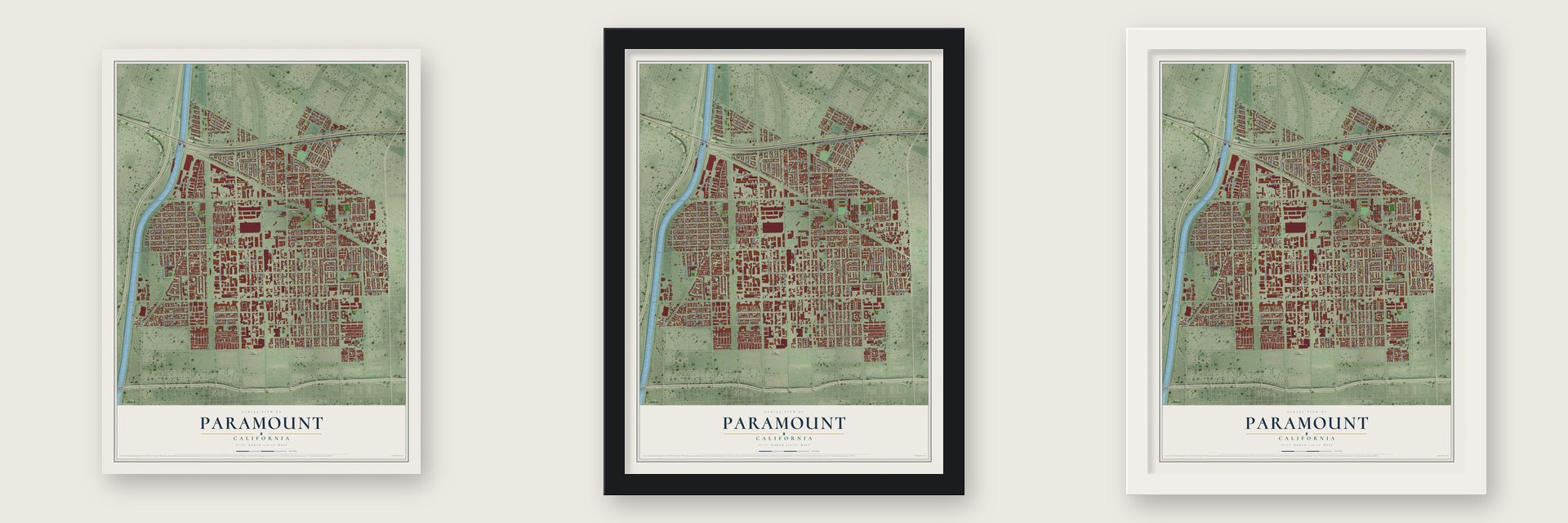 Paramount, California map unframed, in a black wood frame and in a white wood frame