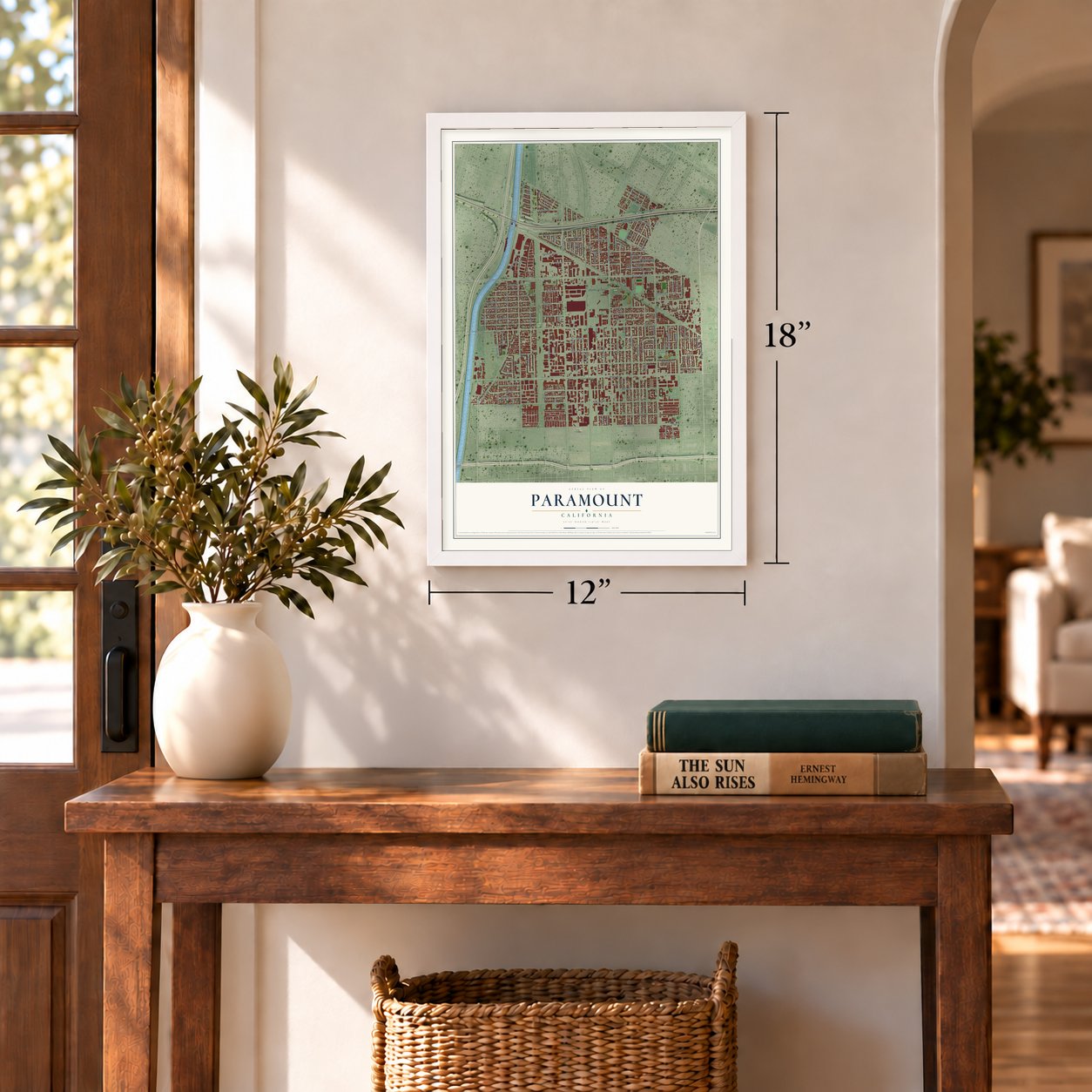 Paramount, California map, 12 x 18 inch print in a white frame in an entryway