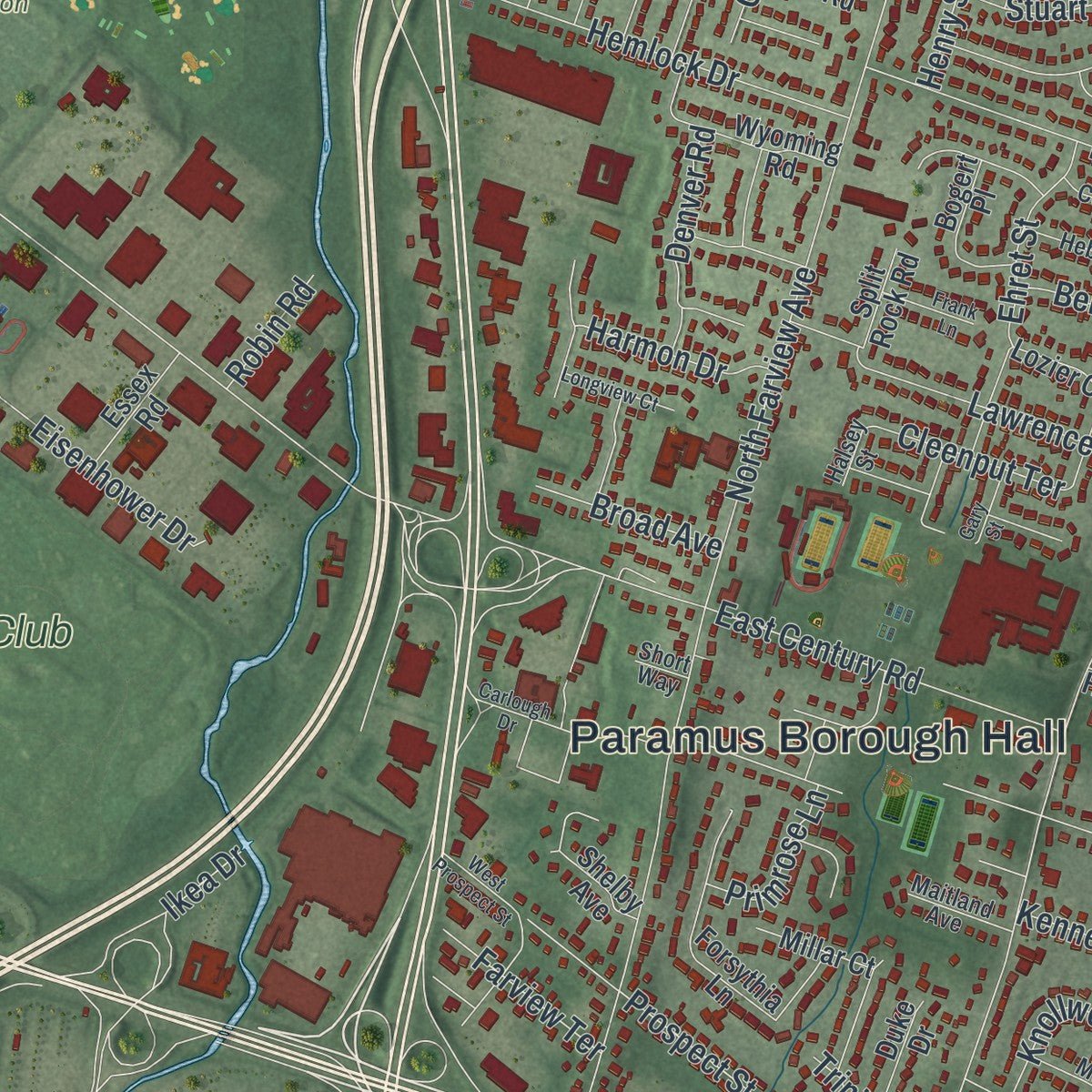 Second close-up of the map of Paramus, New Jersey print showing more streets and buildings