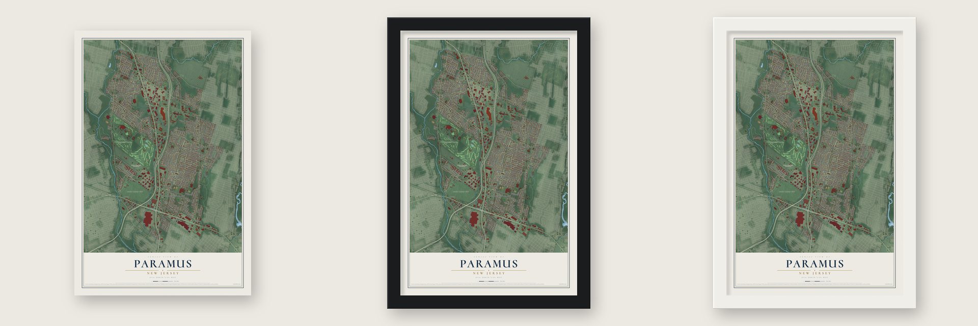 Paramus, New Jersey map unframed, in a black wood frame and in a white wood frame