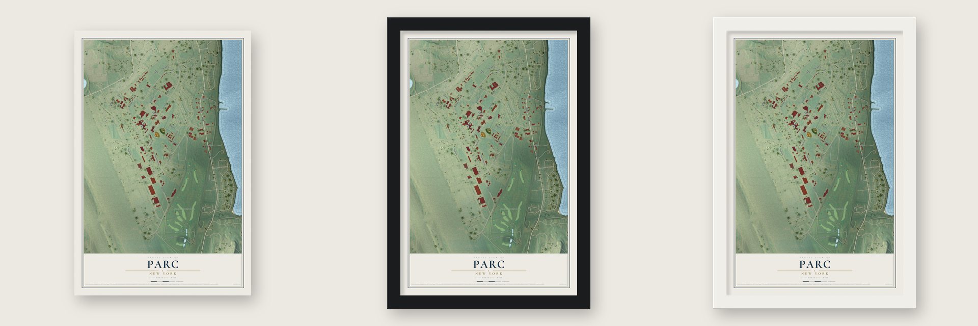 Parc, New York map unframed, in a black wood frame and in a white wood frame