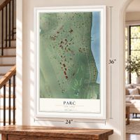Parc, New York map, 24 x 36 inch print in a white frame by a staircase
