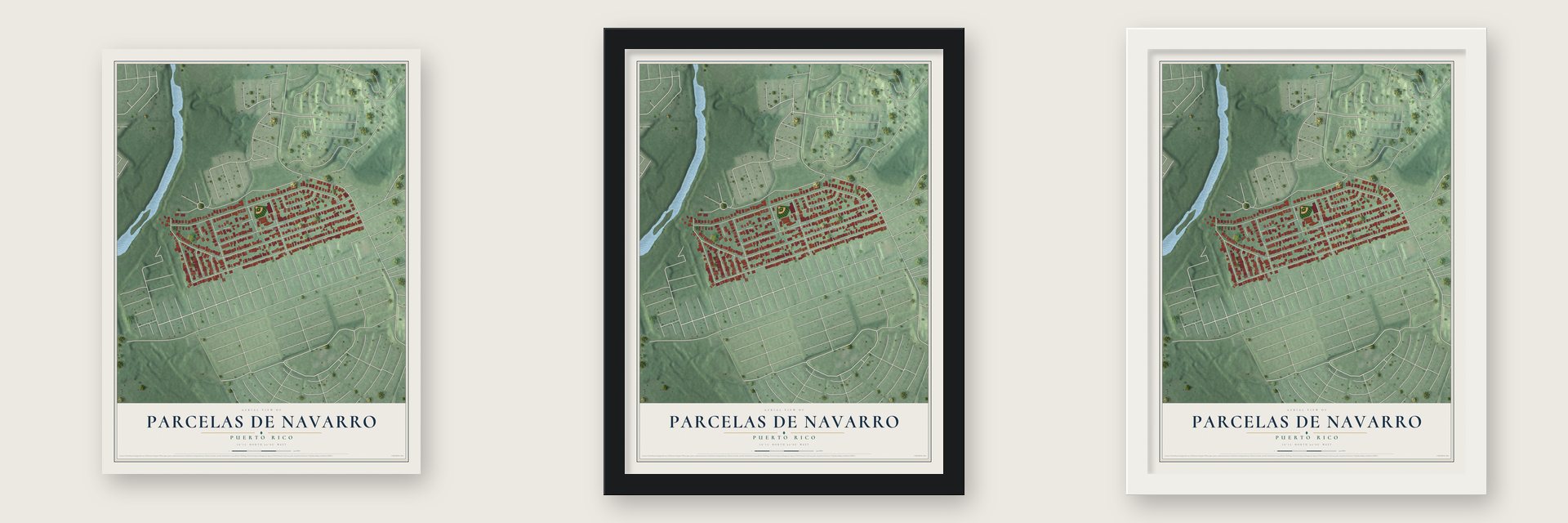 Parcelas de Navarro, Puerto Rico map unframed, in a black wood frame and in a white wood frame