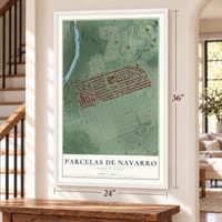 Parcelas de Navarro, Puerto Rico map, 24 x 36 inch print in a white frame by a staircase