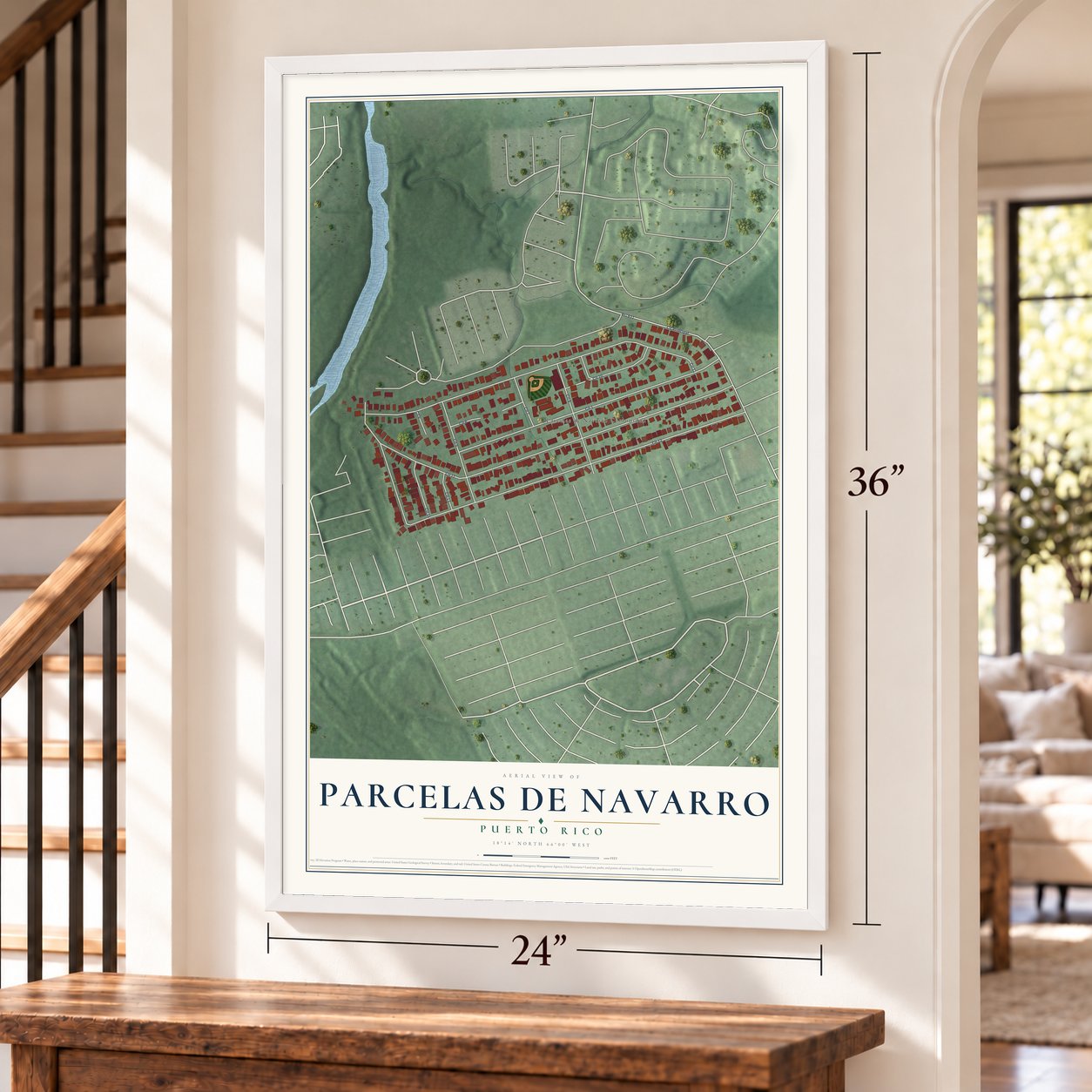 Parcelas de Navarro, Puerto Rico map, 24 x 36 inch print in a white frame by a staircase