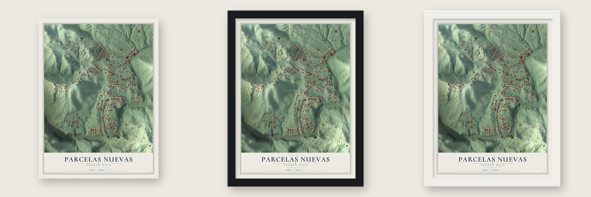 Parcelas Nuevas, Puerto Rico map unframed, in a black wood frame and in a white wood frame