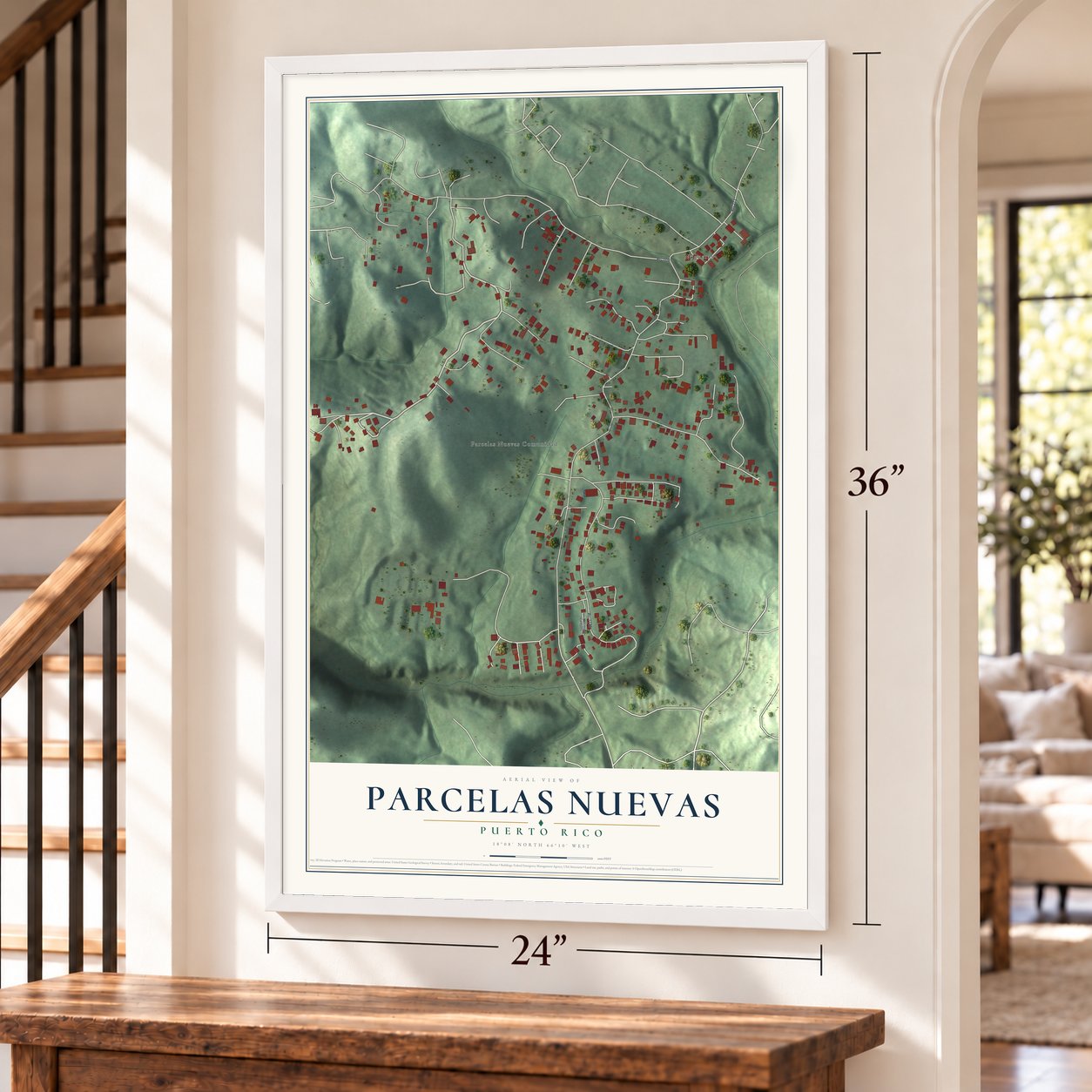 Parcelas Nuevas, Puerto Rico map, 24 x 36 inch print in a white frame by a staircase