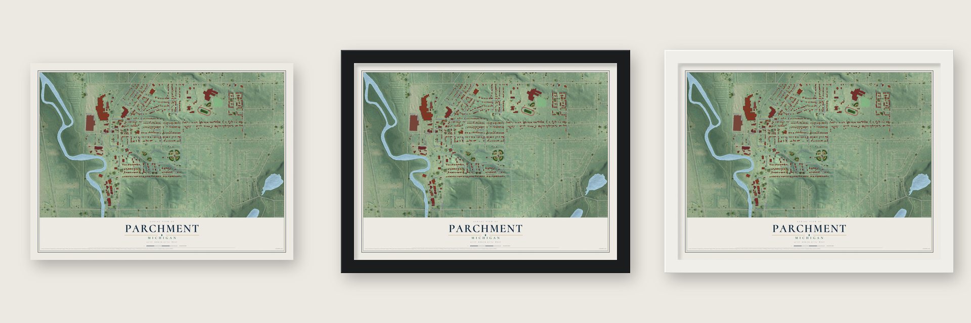 Parchment, Michigan map unframed, in a black wood frame and in a white wood frame
