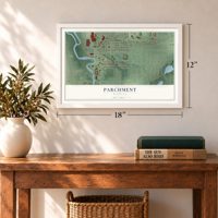 Parchment, Michigan map, 12 x 18 inch print in a white frame in an entryway