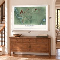 Parchment, Michigan map, 24 x 36 inch print in a white frame above a dresser by a staircase
